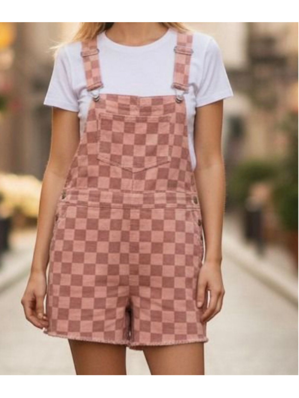 Women’s &merci Pink Checkered Overall Shorts Raw Hem NWT Size Large